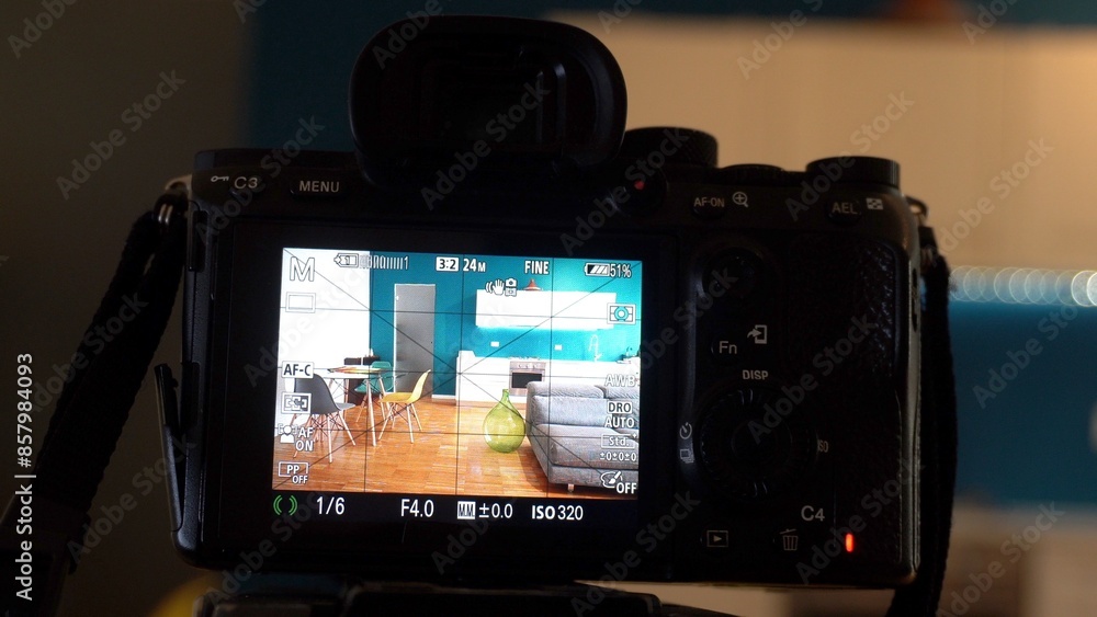 Man photographer taking pictures indoor in living room - real estate home photography and professional video to sell the house apartment - interior design and home staging