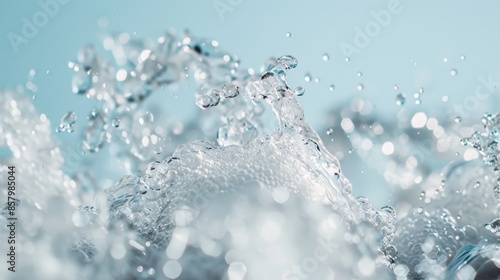 This image freezes the fluid motion of water in mid-air, showcasing its clarity and purity. Against a gentle blue hue, it captures the essence of freshness and dynamic fluidity. 