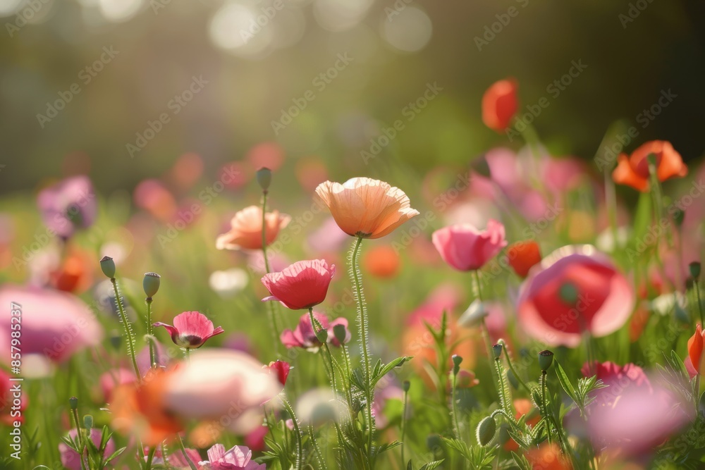 Serene meadow of vibrant poppies bathed in golden sunlight Serene meadow of vibrant poppies bathed in golden sunlight