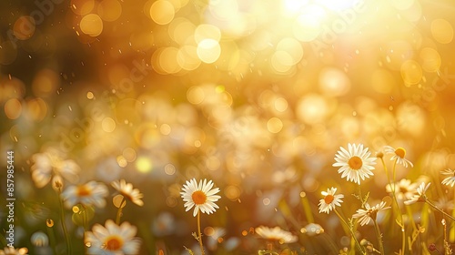 A field of white flowers with a bright sun shining on them. The sun is casting a warm glow on the flowers, making them look even more beautiful. The scene is peaceful and serene © At My Hat