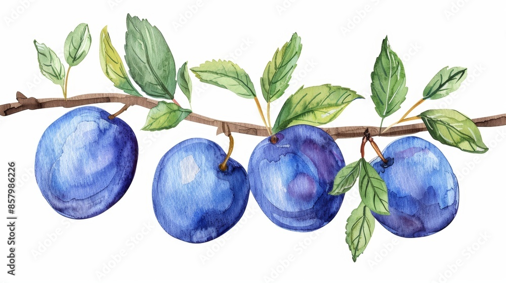 Watercolor image of ripe plums on a branch Watercolor image of ripe plums on a branch