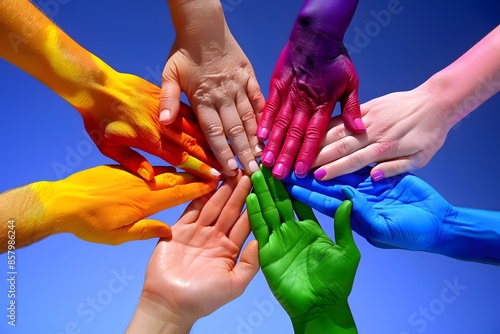 Wallpaper Mural Diverse hands painted in vibrant colors coming together against a bright blue sky. Torontodigital.ca