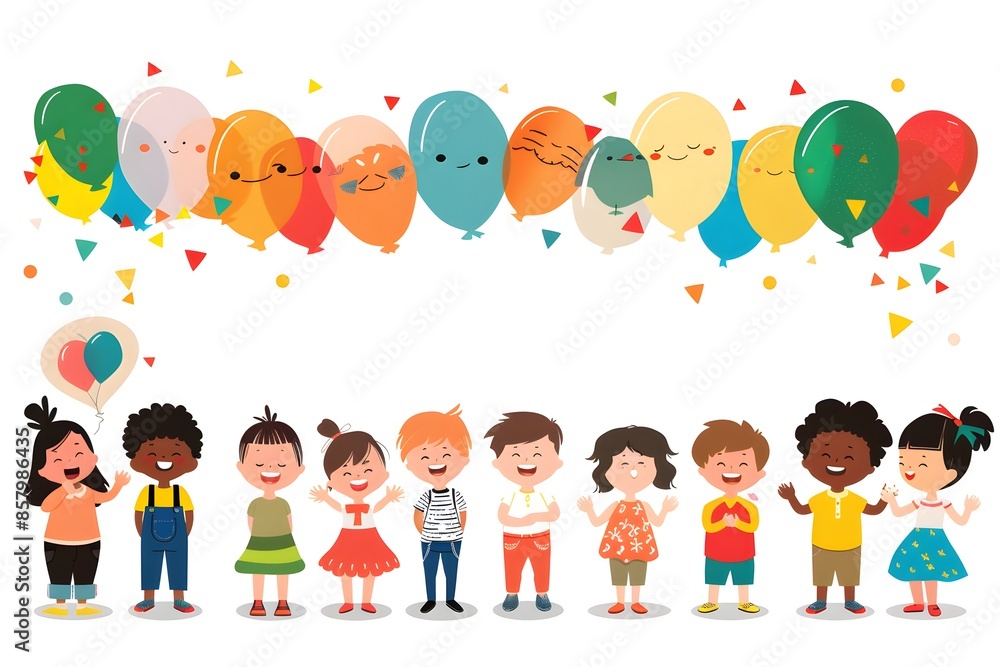 Happy children celebrating with balloons at a festive party, enjoying laughter and fun together Happy children celebrating with balloons at a festive party, enjoying laughter and fun together