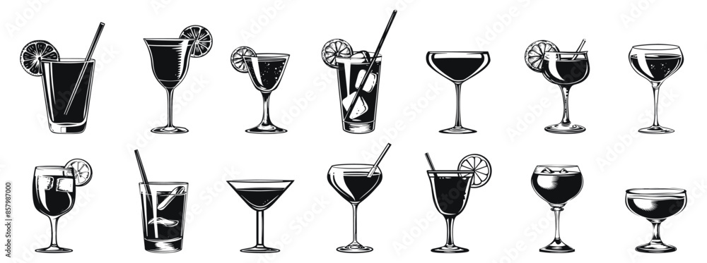 Assorted cocktails collection vector black and white illustration. Various drinks in different glasses with garnishes. Assorted cocktails collection vector black and white illustration. Various drinks in different glasses with garnishes.