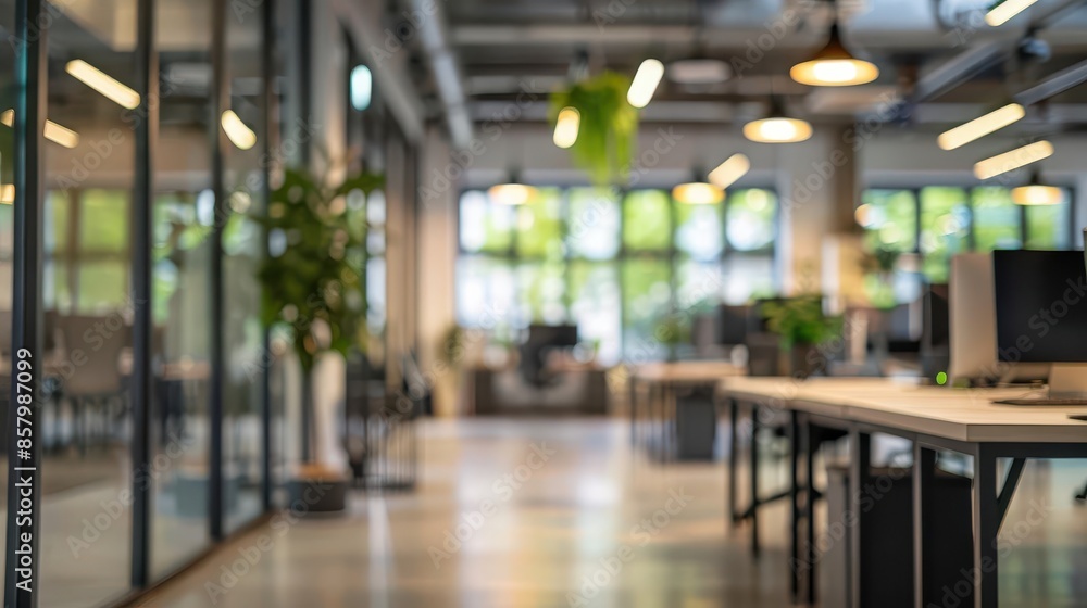Fototapeta premium blurred modern open office interior background contemporary workplace design architecture photography