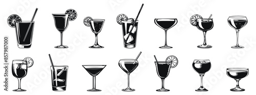 Assorted cocktails collection vector black and white illustration. Various drinks in different glasses with garnishes.
