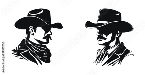 Cowboy portraits in profile vector black and white illustration. Classic wild west characters with hats and mustaches.