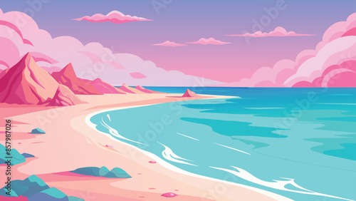 Scenic pink sunset at a tranquil beach, vector cartoon illustration.