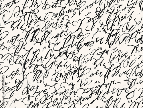 Perfectly seamless pattern, vector repeated abstract letter text texture. Unreal calligraphy background, black and white handwritten monochrome wallpaper, fictional lettering.
