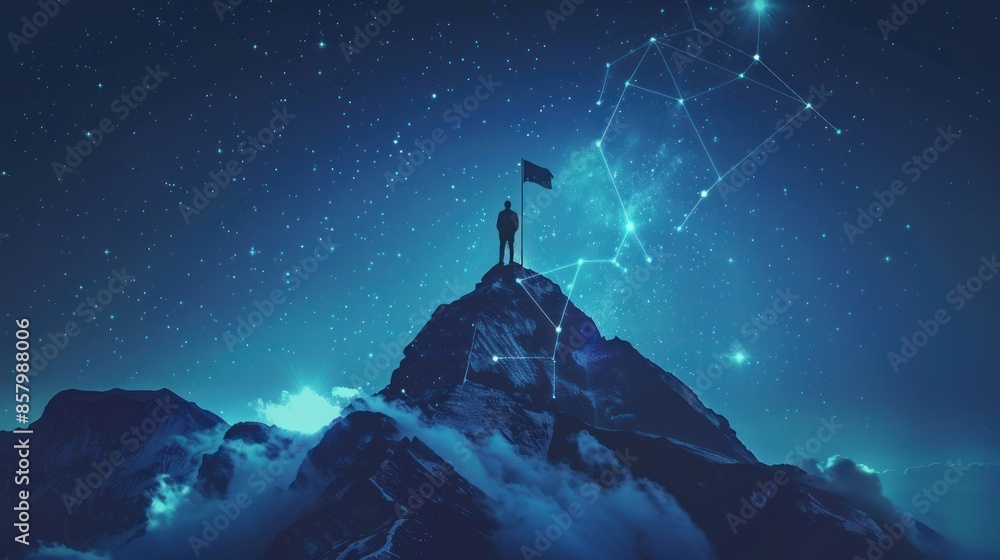 Reaching the Peak: A Man's Triumph Under a Starry Night Reaching the Peak: A Man's Triumph Under a Starry Night