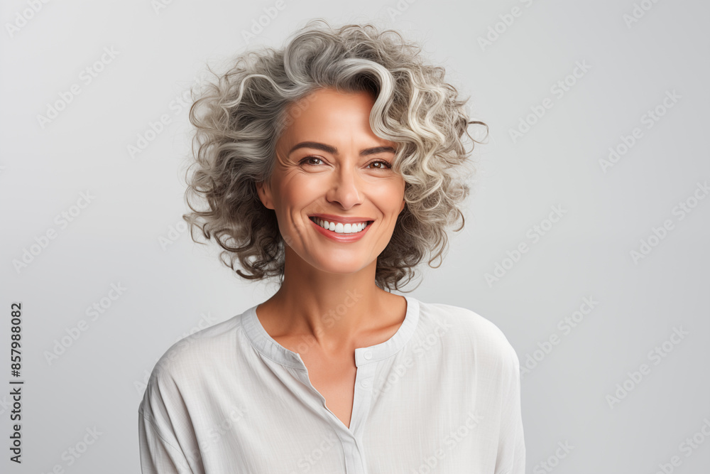 Portrait of a happy mature woman looking at camera over grey background. Mature old lady close-up portrait. Portrait of a happy mature woman looking at camera over grey background. Mature old lady close-up portrait.