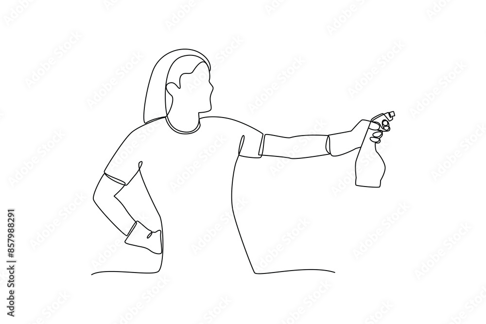 Fototapeta premium One continuous line drawing of young mother Clean the glass using cleaning spray. Mother daily activity concept. Dynamic single line draw graphic design vector illustration