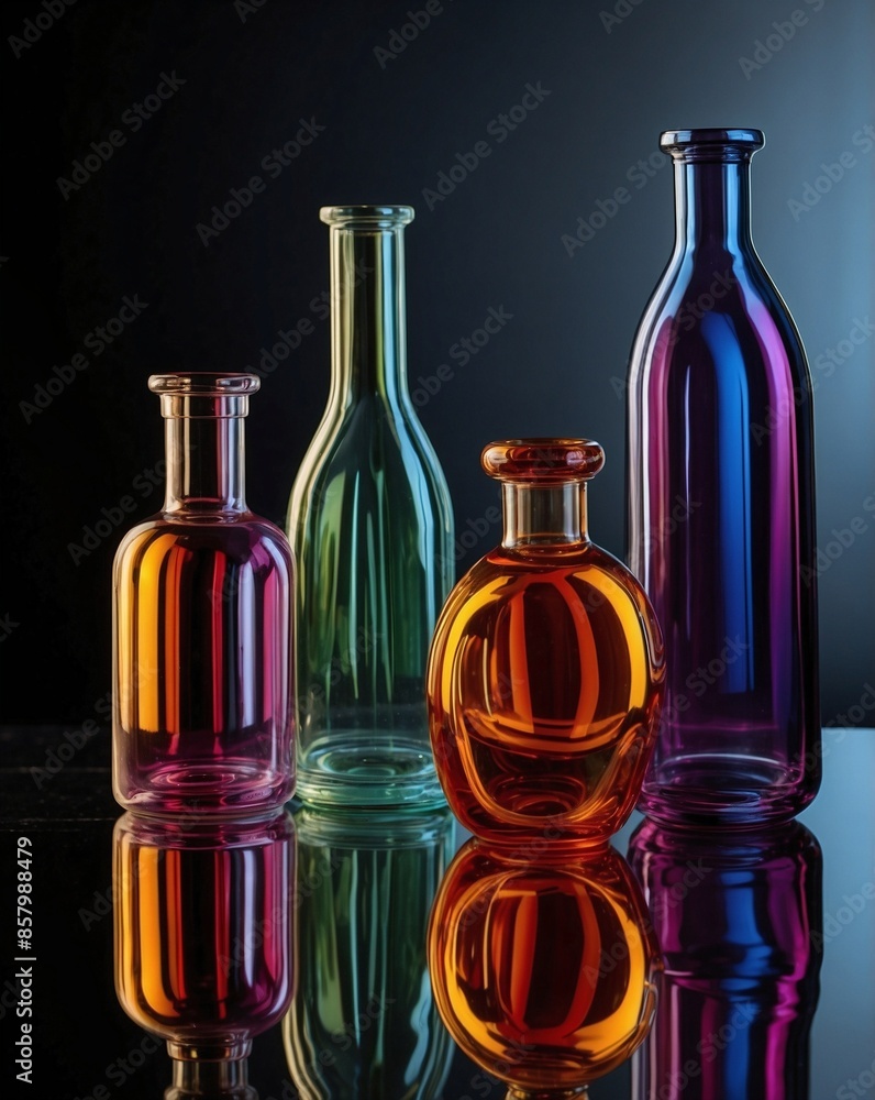 Hyperrealistic still life image of various glass bottles and vases in vibrant colors, arranged on a reflective surface with dramatic lighting. Hyperrealistic still life image of various glass bottles and vases in vibrant colors, arranged on a reflective surface with dramatic lighting.