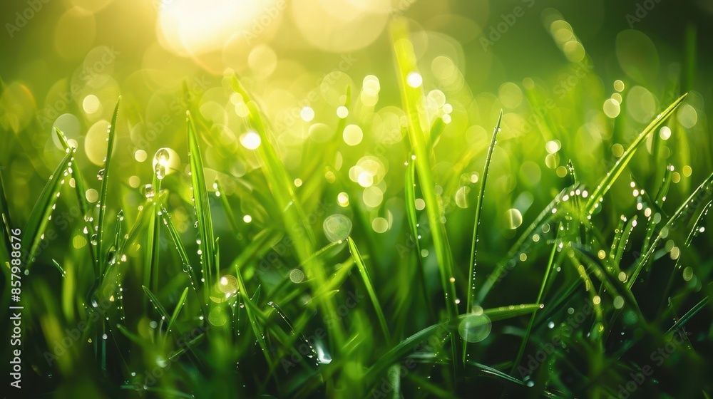 closeup of fresh morning dew drops on lush green grass nature photography closeup of fresh morning dew drops on lush green grass nature photography