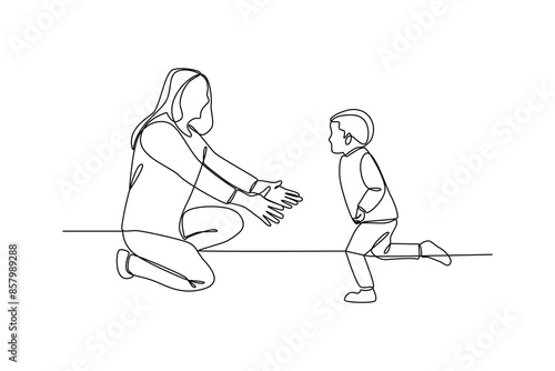 One continuous line drawing of young mother was playing around with his child. Mother daily activity concept. Dynamic single line draw graphic design vector illustration