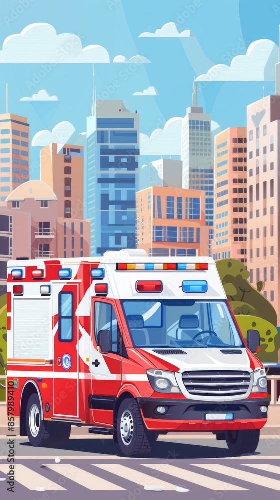 Fototapeta premium a Rapid Response Medical Ambulance Truck at a Hospital, Emphasizing Emergency Healthcare Services. Conceptual Infographic Banner for Urgent Medical Assistance AI-Generated Image