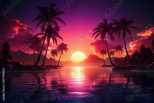 Tropical sunset over beach with palm tree silhouettes. Tropical island with palm trees beach by the sea background. Summer vacation illustration.