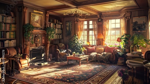 cozy traditional living room with intricate hardwood floor and plush carpet digital painting