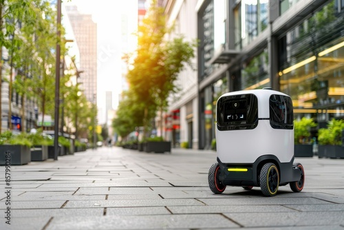 A Close-Up of an Autonomous Delivery Robot in a Modern Urban Environment © ibnu