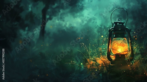 The lantern is placed on the ground in a dark forest. The light from the lantern casts a warm glow on the surrounding trees and plants.