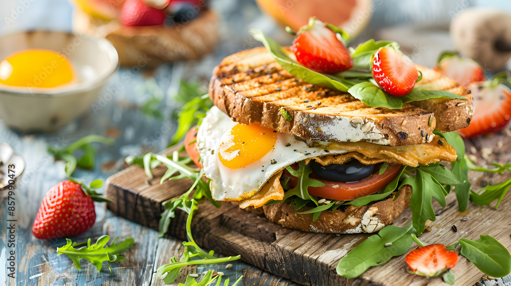 Fast food vegan breakfast sandwiches served with a side of fruit, presented on a rustic wooden board Fast food vegan breakfast sandwiches served with a side of fruit, presented on a rustic wooden board