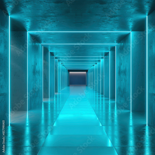 Futuristic hallway with blue neon lights and metallic walls, creating a sci-fi atmosphere and modern, sleek aesthetic.