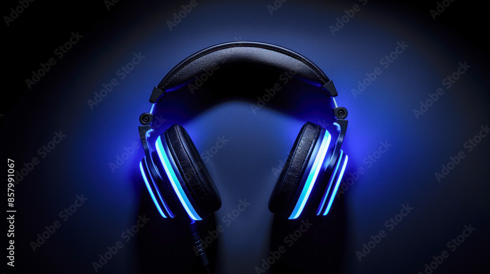 Blue Neon Glow: High-Tech Headphones on Dark Background Blue Neon Glow: High-Tech Headphones on Dark Background