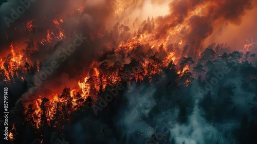 Wallpaper Mural devastating aerial view of massive wildfire engulfing forest with intense flames and billowing orange smoke digital photo illustration Torontodigital.ca
