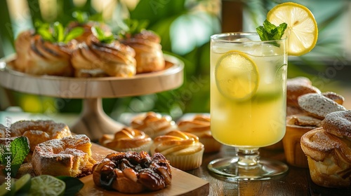 Lemonade and Assorted Pastries on Wooden Table with Greenery Background