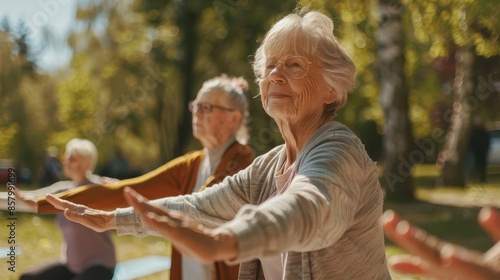 diverse group of active seniors enjoying outdoor yoga class in park maintaining flexibility and balance healthy aging lifestyle