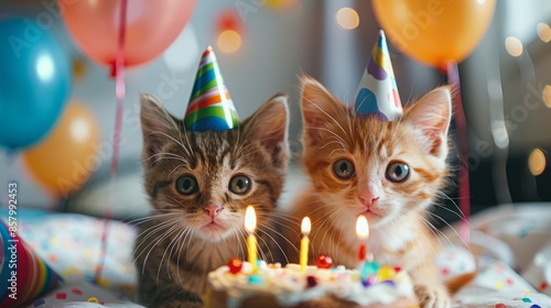 Adorable Kittens Celebrating a Colorful Birthday with Cake and Balloons photo