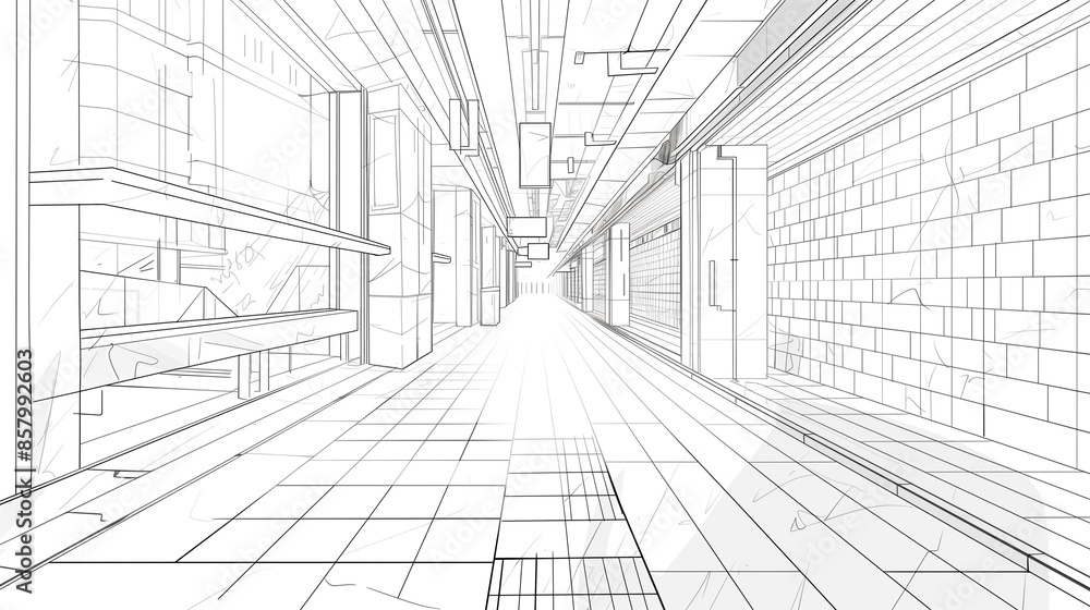 Futuristic architectural hallway line drawing. Futuristic architectural hallway line drawing.