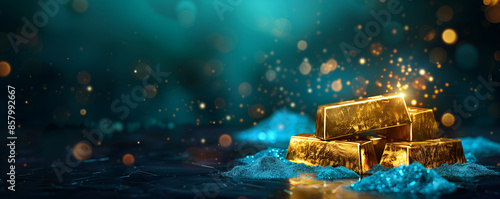 Golden bars on a shimmering blue background, creating a glowing and luxurious scene.