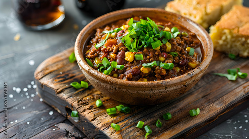 Fast food vegan chili served with a side of cornbread, presented on a rustic wooden board