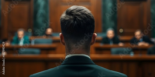 Compelling Closing Argument by Confident Man in Courtroom Leaves Audience Captivated. Concept Law, Argument, Courtroom, Confidence, Captivating Presentation