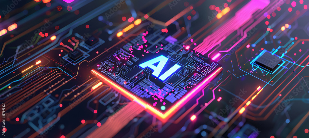 3D render of a chip with a glowing brain on a circuit board, with the text 3D render of a chip with a glowing brain on a circuit board, with the text