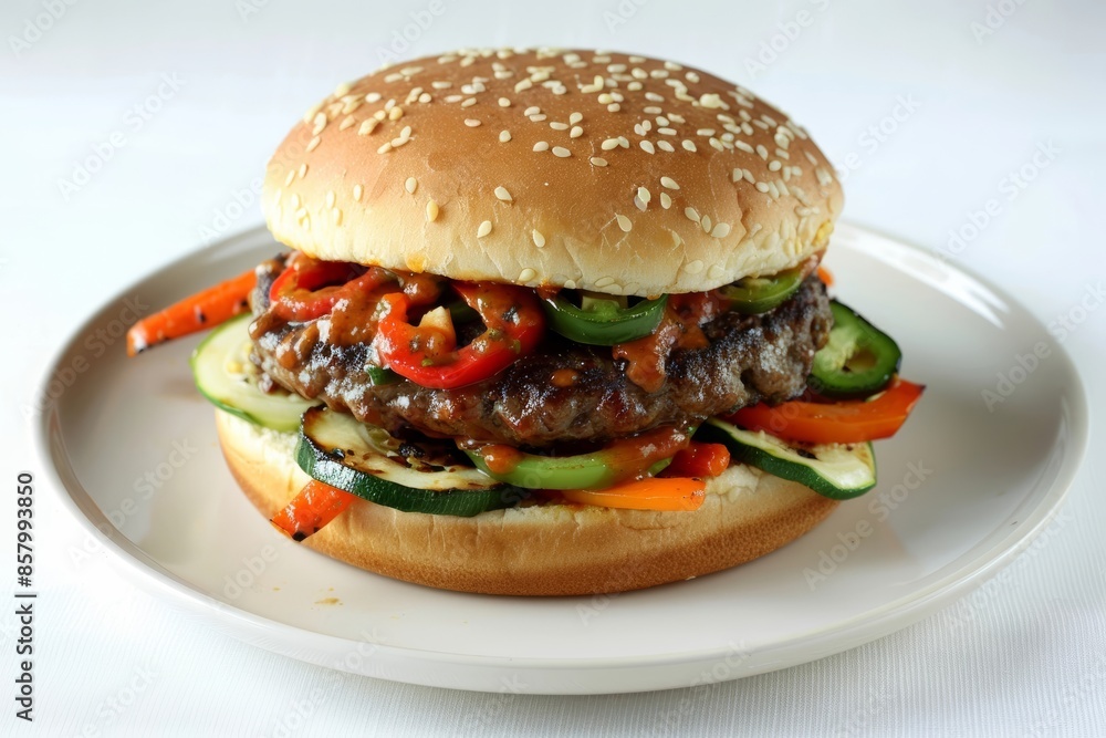 Tasty Caribbean Burger with Lemon Zest and Char-Grilled Patty Tasty Caribbean Burger with Lemon Zest and Char-Grilled Patty
