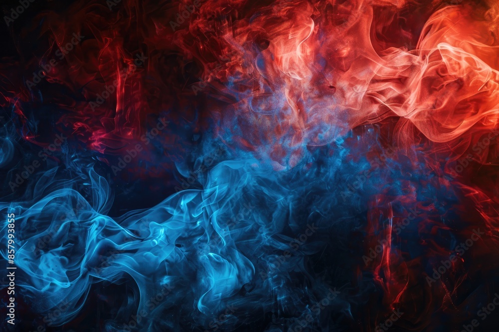 Fototapeta premium The image is a colorful smokey background with blue and red flames. The smoke is thick and dense, creating a sense of depth and movement. The colors of the smoke and flames are vibrant and intense