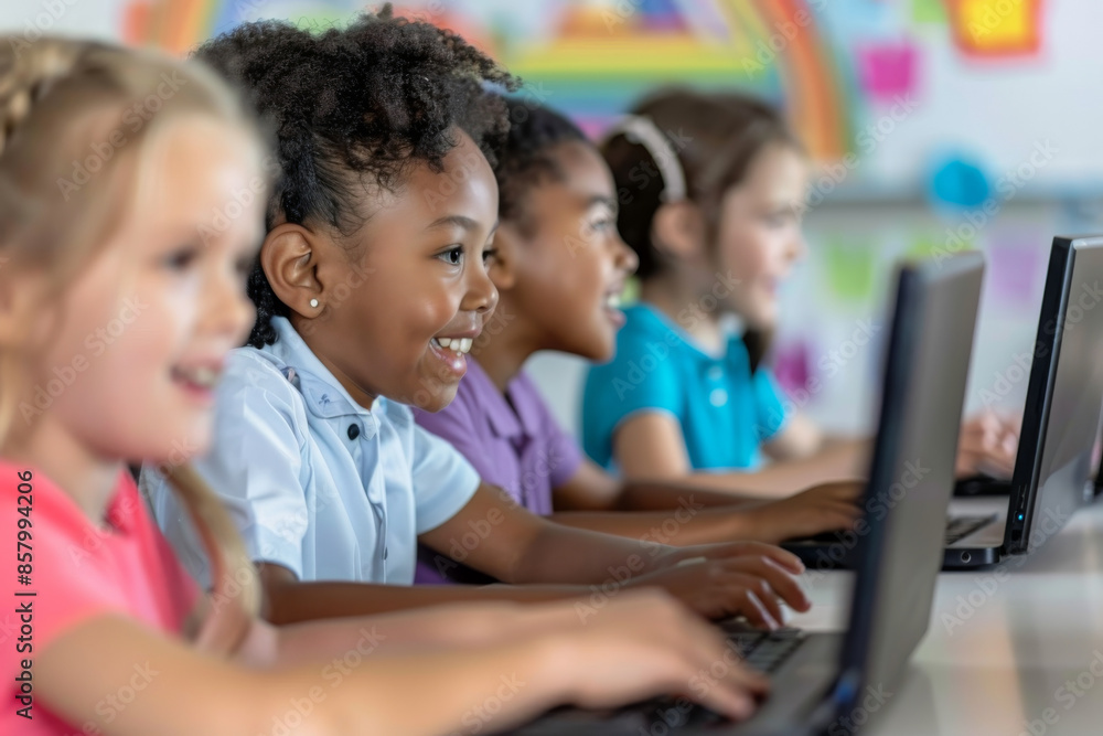 Diverse group of smiling children at computers in a classroom setting. Diverse group of smiling children at computers in a classroom setting.
