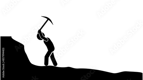 Illustration of a flat stick figure character of a miner hoeing soil and rocks