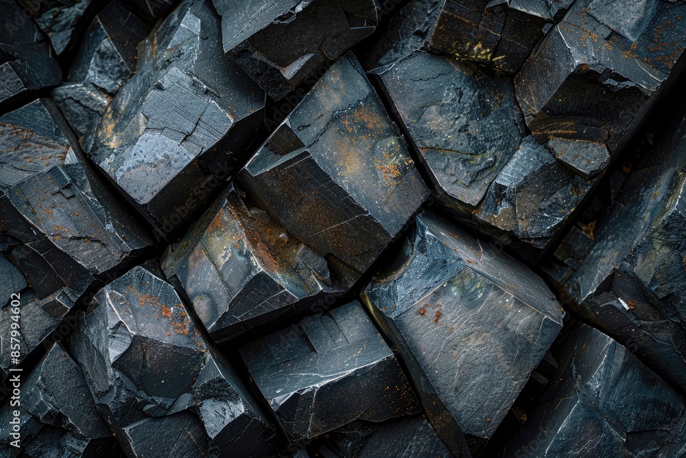 The image is a close up of a pile of black rocks. The rocks are jagged ...