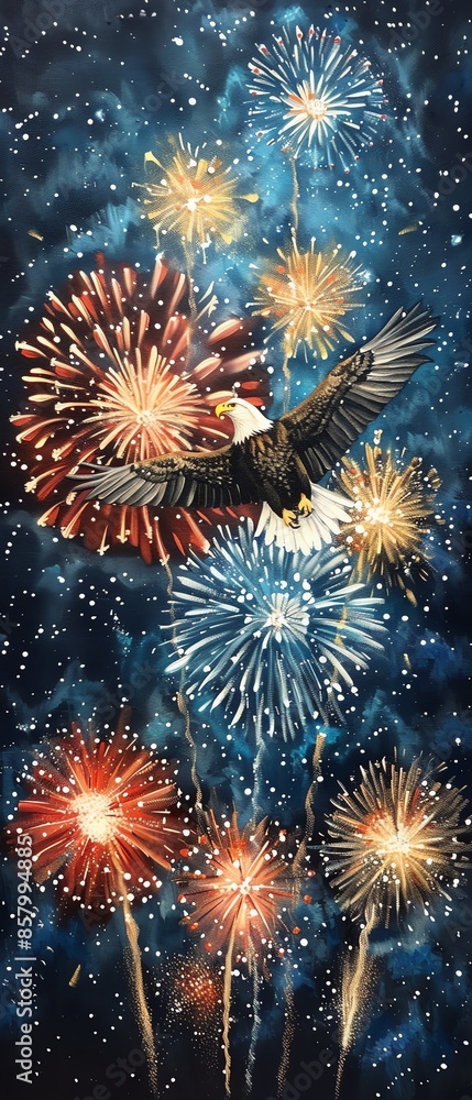 Naklejka premium An eagle soaring amidst vibrant fireworks in the night sky, embodying freedom and celebration.