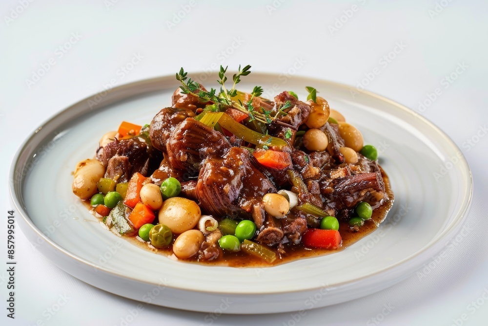 Fototapeta premium Tender Oxtail Dish with Aromatic Seasoning and Vibrant Butter Beans