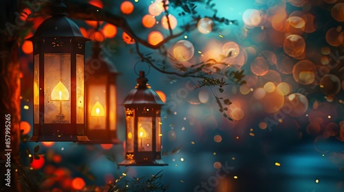 Enchanting Evening Lanterns Illuminating a Dreamy Outdoor Setting © maniacvector
