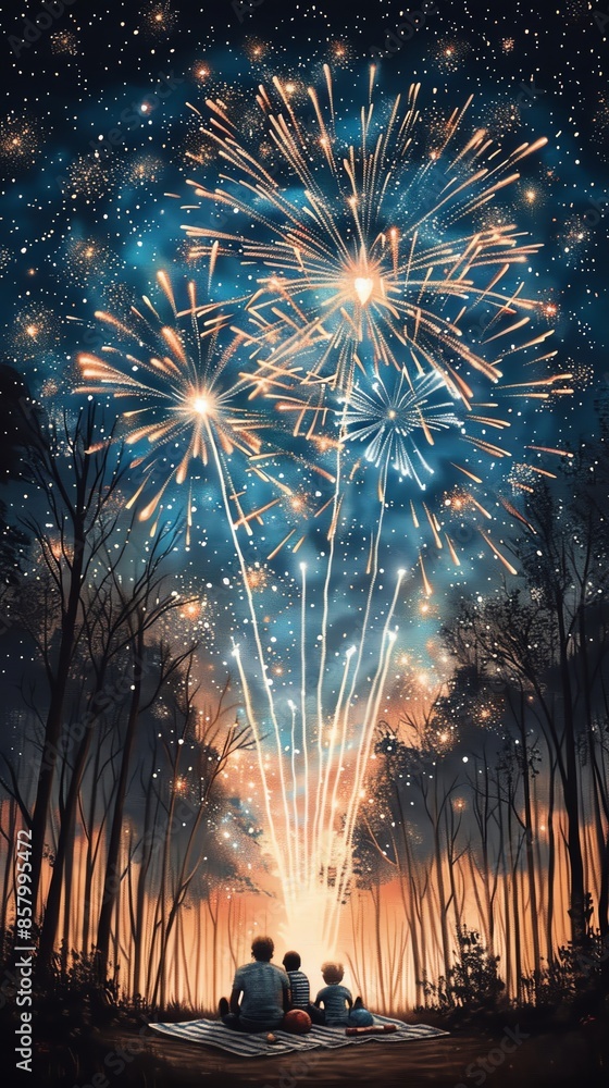 Enchanting night sky filled with fireworks and stars, as three people watch in awe from a forest clearing. Enchanting night sky filled with fireworks and stars, as three people watch in awe from a forest clearing.