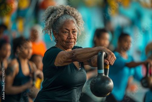 An older woman with determination in her eyes prepares for a workout among colorful kettlebells at the gym. photo