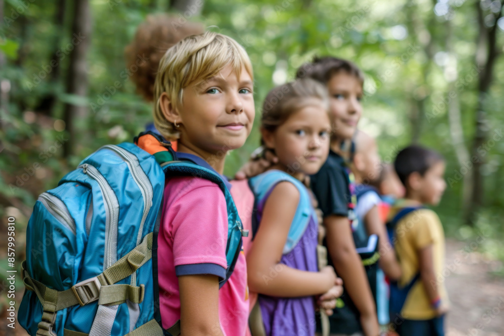 Group of diverse children with backpacks in a forest. Group of diverse children with backpacks in a forest.