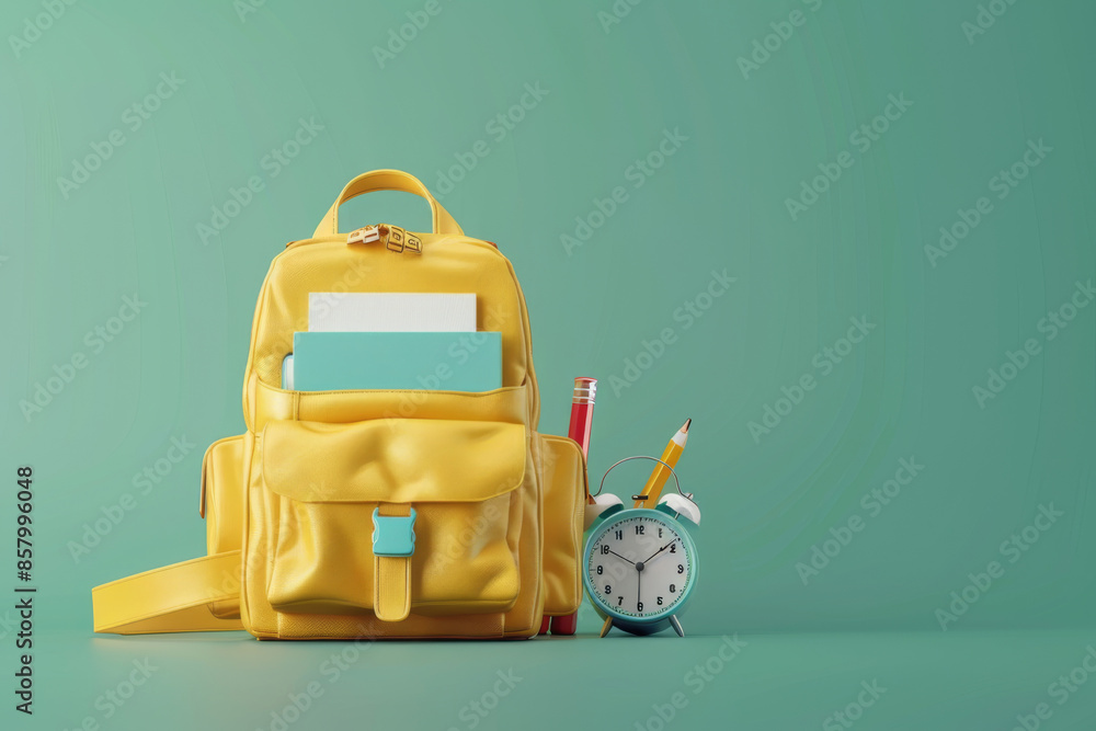 Yellow school backpack with supplies and alarm clock on green background. Yellow school backpack with supplies and alarm clock on green background.