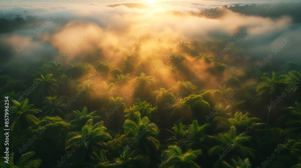 Aerial view of lush jungle vegetation and palm trees in morning at dawn Aerial view of lush jungle vegetation and palm trees in morning at dawn