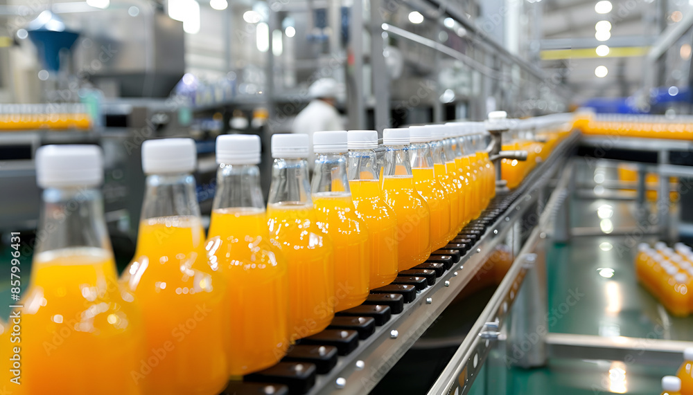 Fototapeta premium fruit juice bottling factory, bottle filling line